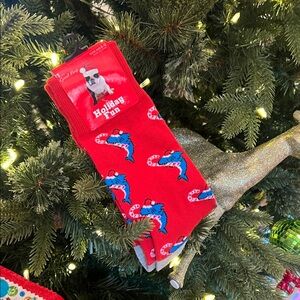Holiday Fun Red Shark & Candy Cane Socks